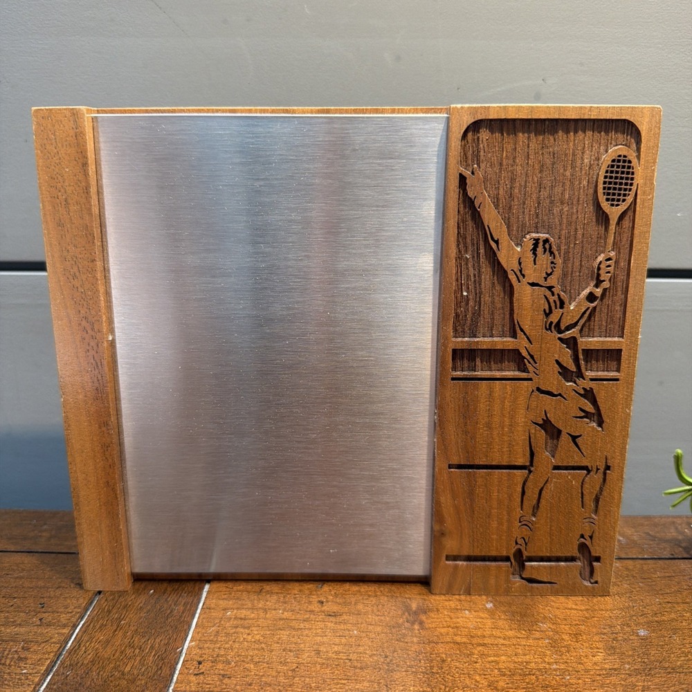 Vintage LASERCRAFT Note Pad Holder, brass tone, Genuine American Walnut Tennis